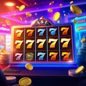 slot game mechanics feature image of a slot machine screen with 5 gold 7 symbols