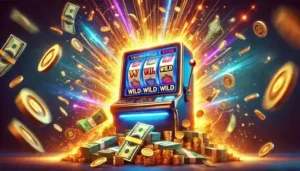 Sticky wild slots featured image of a slot machine wild win, cash and coins